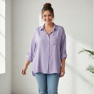 Express Lilac Satin Boyfrined Oversized Button Down Shirt, XL
